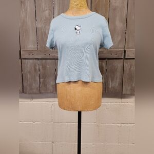 Junior Girls PEANUTS SNOOPY EMBROIDERED BLUE‎ Ribbed CROP TOP Size L 100% Cotton